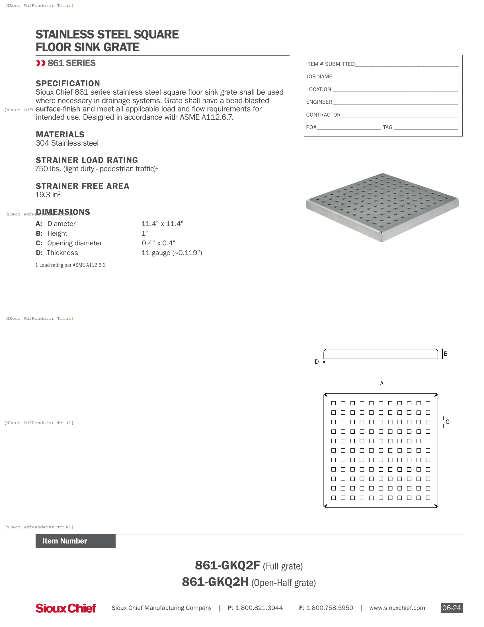 861-GKQ2F  - STAINLESS STEEL FLOOR SINK GRATE - SPEC SHEET.PDF Specification Document